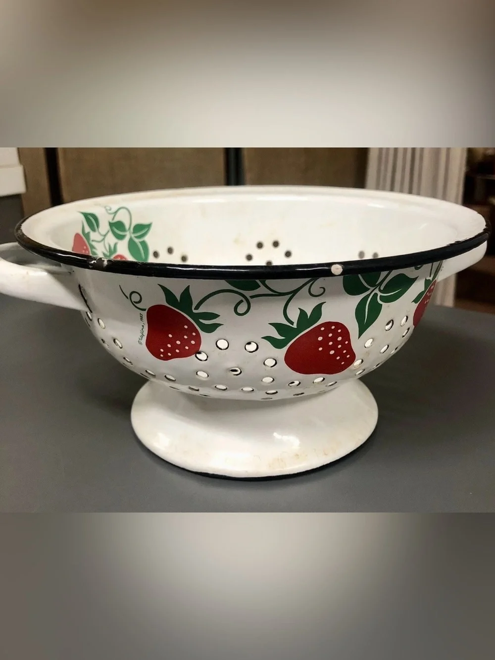 Vintage Teleflora White Enamel Strawberry Colander with Red & Green Motif